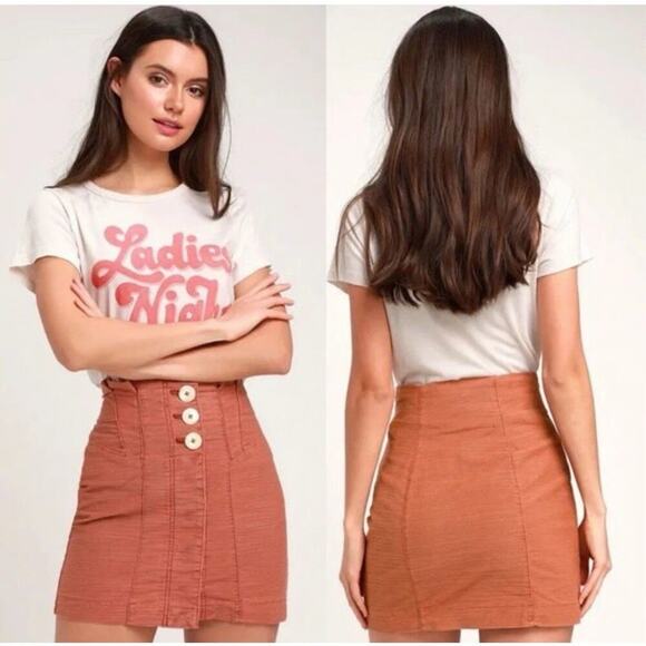 Free People Every Minute Every Hour Terra Cotta Button-Up Mini Skirt Size 6 EUC - Picture 1 of 10